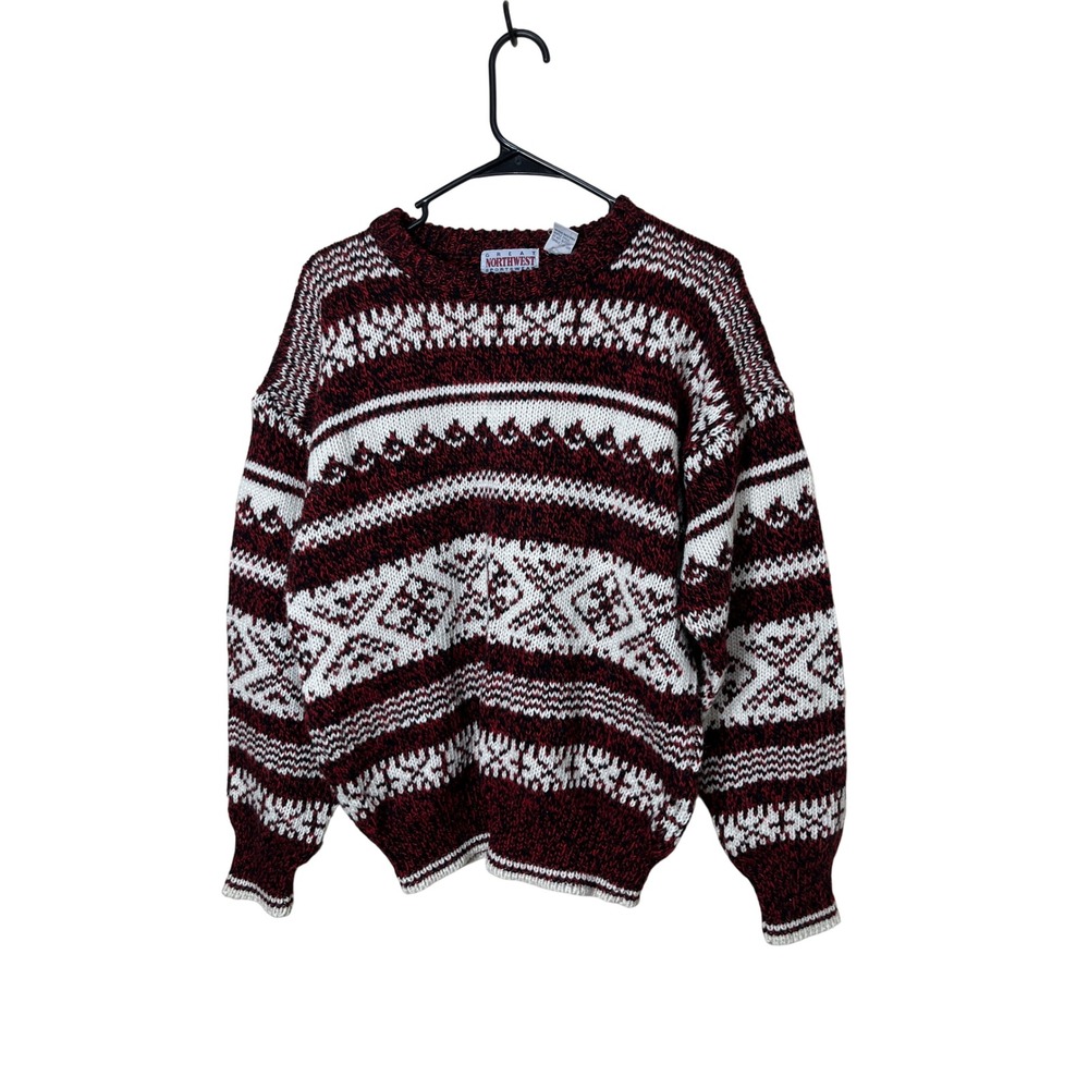 Vintage Great Northwest Sportswear Sweater Knit Patterned Maroon‎ White Womens L